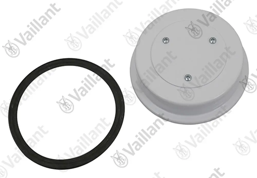 Vaillant Deckel in weiß mit Dichtung, geeignet für den Anschluss an PP-Rohre. Runde Form mit drei Schraubenlöchern für die Befestigung.